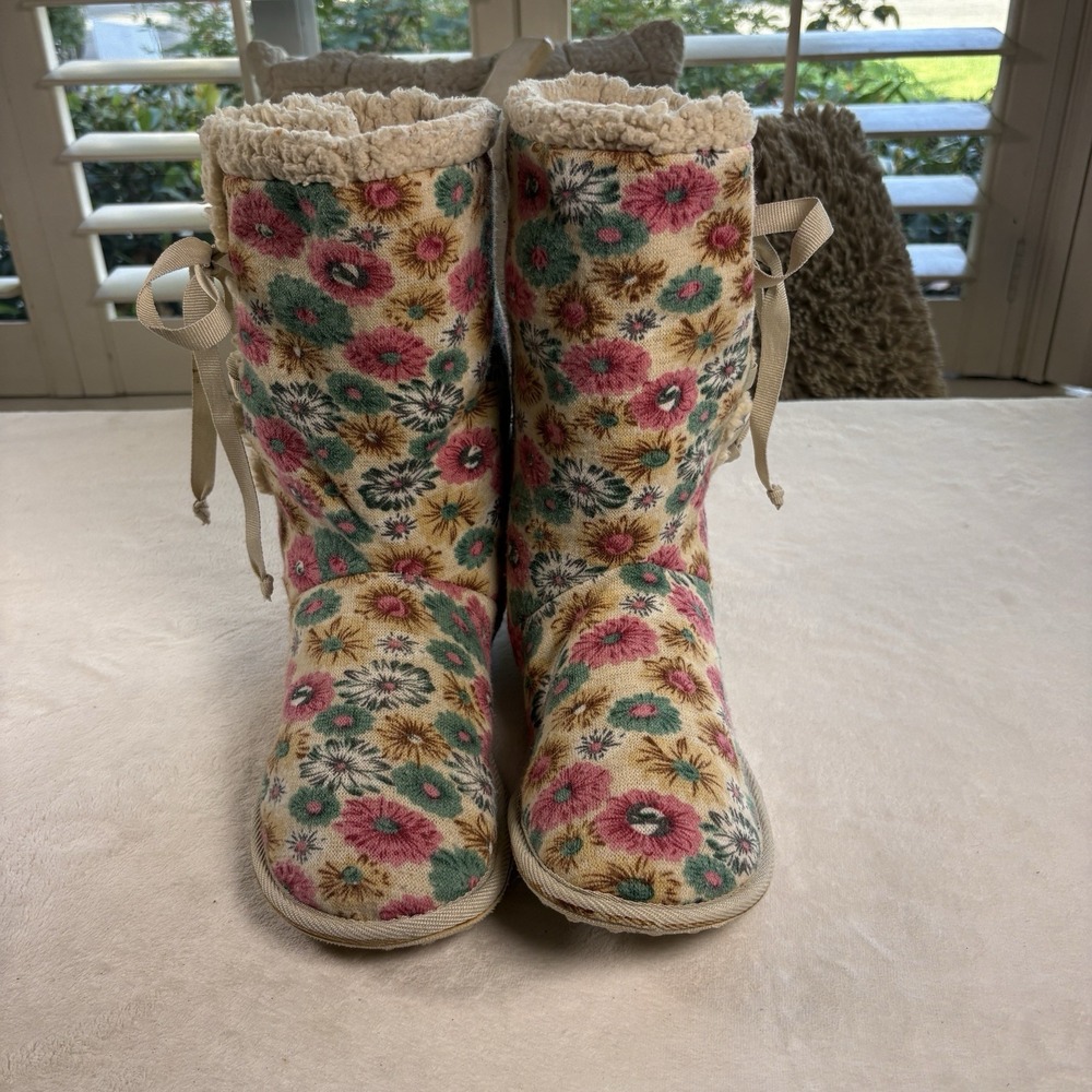 Vtg‎ Y2K Rocket Dog Floral Slipper Boots Cozy Indoor Outdoor Booties 8